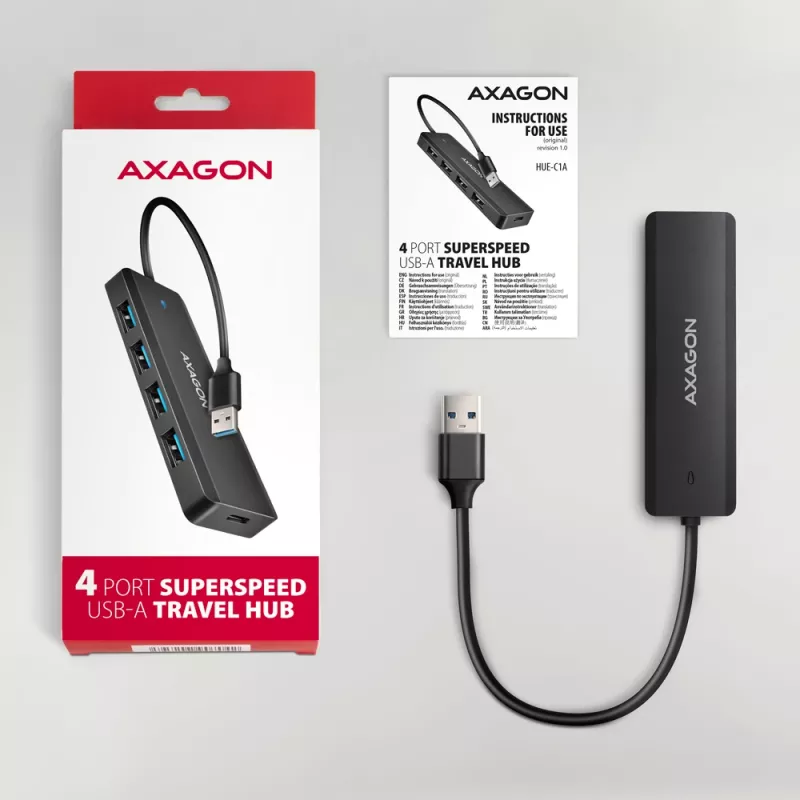 Axagon HUE-C1A 4x USB 5Gbps TRAVEL hub, USB-C napájací vstup, 19 cm USB-A kábel