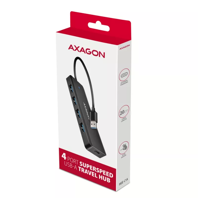 Axagon HUE-C1A 4x USB 5Gbps TRAVEL hub, USB-C napájací vstup, 19 cm USB-A kábel