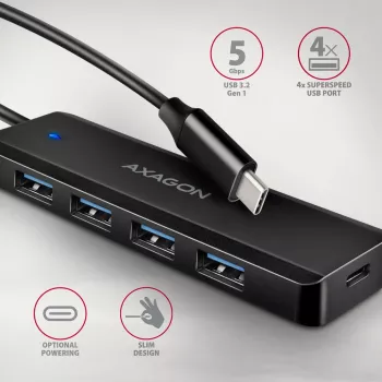 Axagon HUE-C1C 4x USB 5Gbps TRAVEL hub, USB-C Power IN, 19 cm USB-C kábel