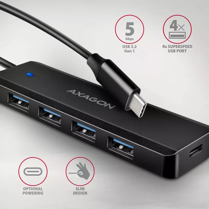 Axagon HUE-C1C 4x USB 5Gbps TRAVEL hub, USB-C Power IN, 19 cm USB-C kábel
