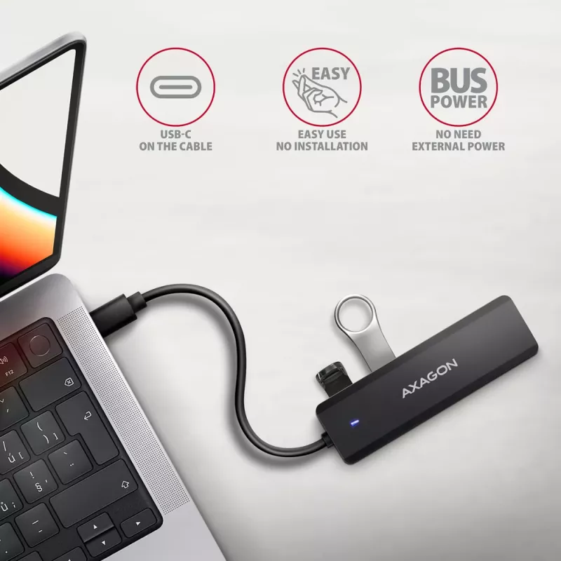 Axagon HUE-C1C 4x USB 5Gbps TRAVEL hub, USB-C Power IN, 19 cm USB-C kábel