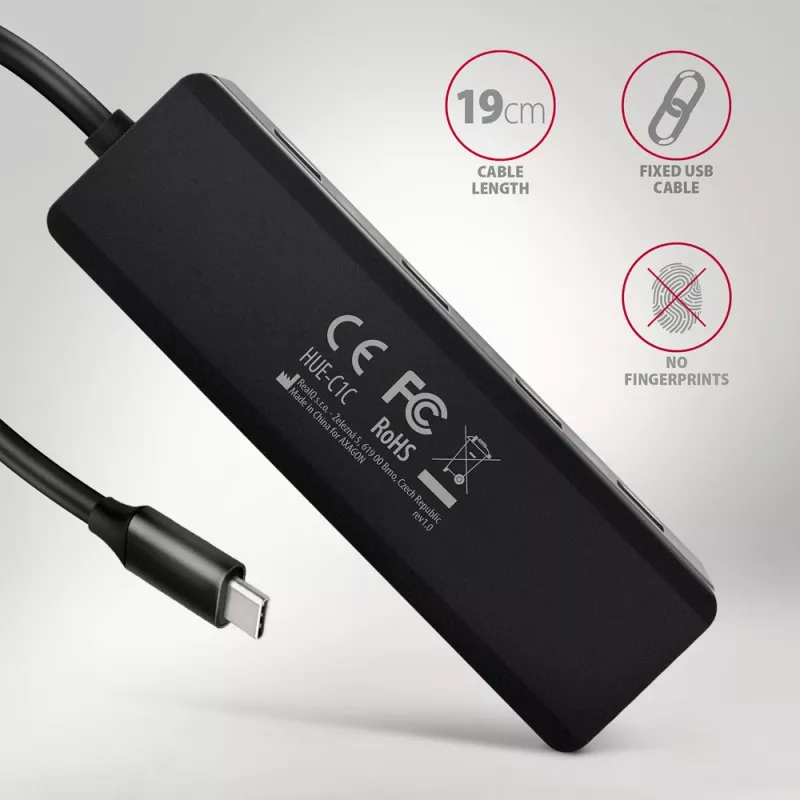 Axagon HUE-C1C 4x USB 5Gbps TRAVEL hub, USB-C Power IN, 19 cm USB-C kábel