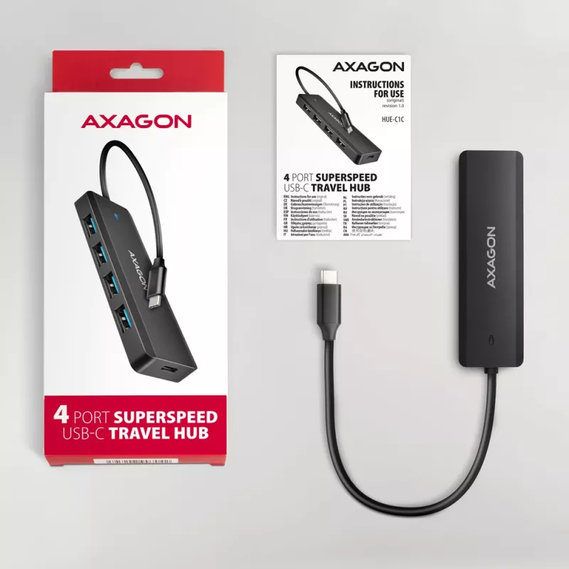 Axagon HUE-C1C 4x USB 5Gbps TRAVEL hub, USB-C Power IN, 19 cm USB-C kábel