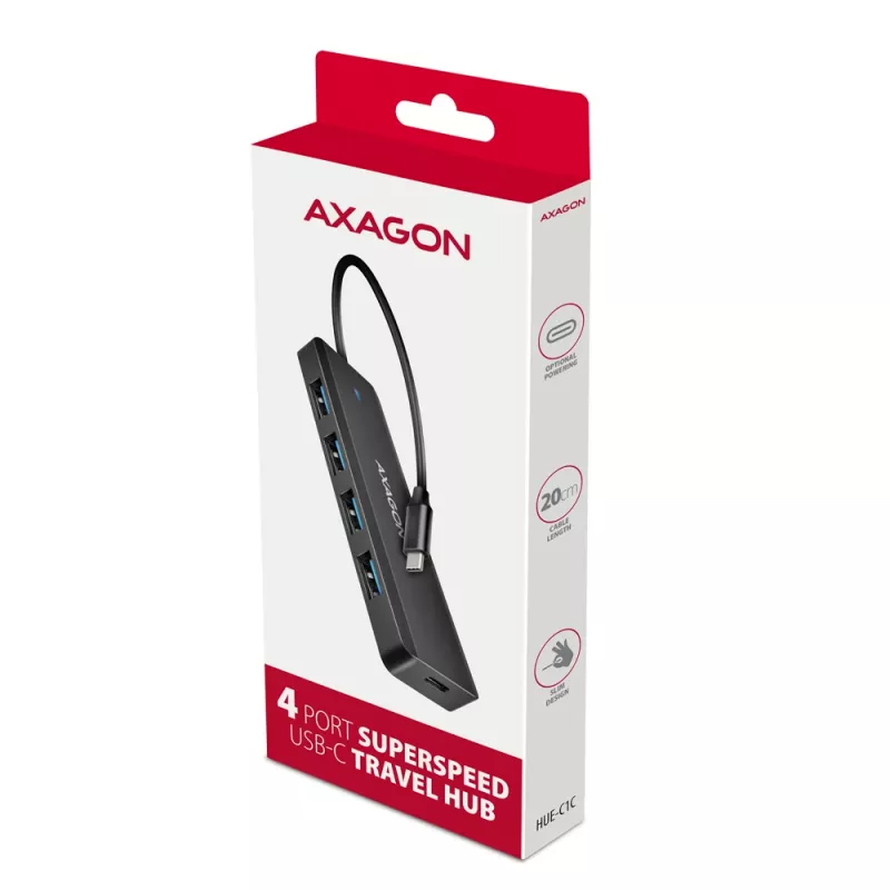 Axagon HUE-C1C 4x USB 5Gbps TRAVEL hub, USB-C Power IN, 19 cm USB-C kábel