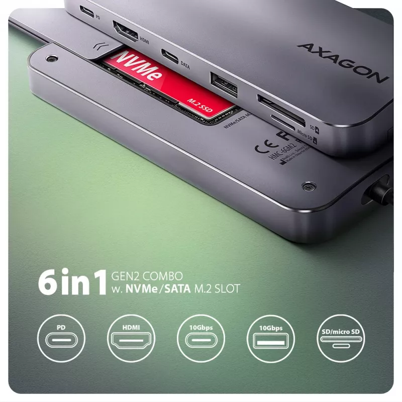 Axagon HMC-6GM2 USB 10Gbps hub USB-A USB-C HDMI M.2 SD/mSD PD 100W USB-C káblový USB 3.2 Gen 2 (3.1 Gen 2) Type-C sivý
