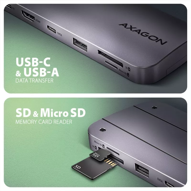 Axagon HMC-6GM2 USB 10Gbps hub USB-A USB-C HDMI M.2 SD/mSD PD 100W USB-C káblový USB 3.2 Gen 2 (3.1 Gen 2) Type-C sivý