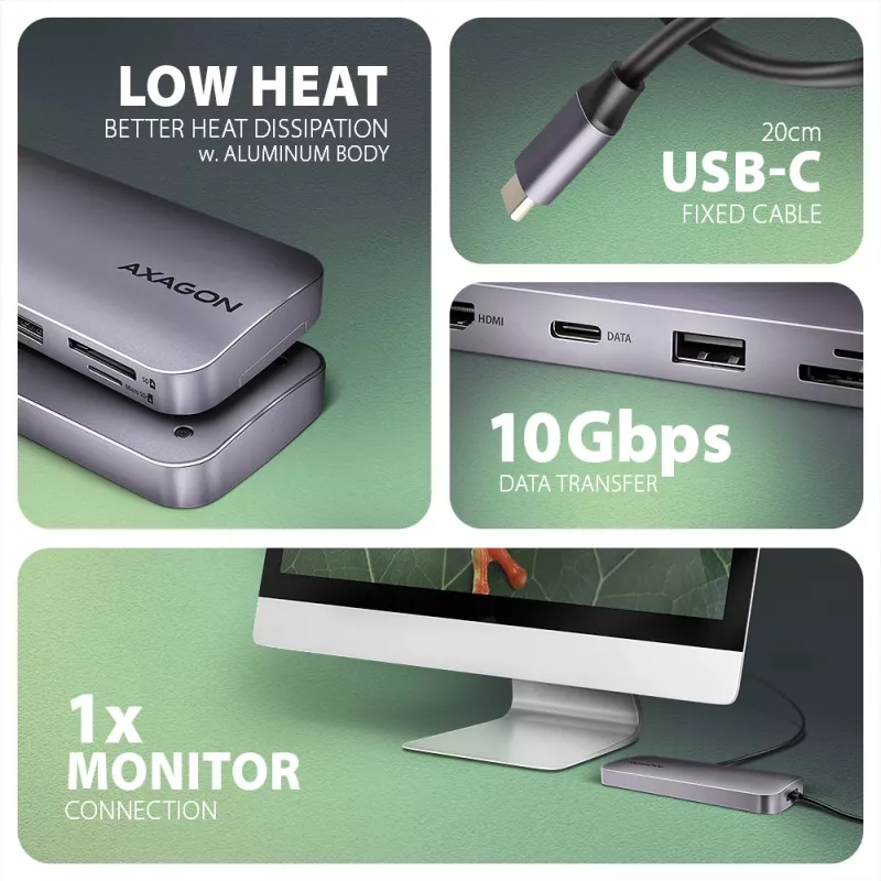 Axagon HMC-6GM2 USB 10Gbps hub USB-A USB-C HDMI M.2 SD/mSD PD 100W USB-C káblový USB 3.2 Gen 2 (3.1 Gen 2) Type-C sivý