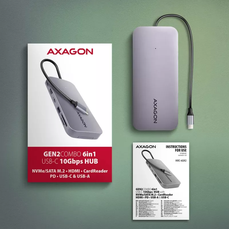 Axagon HMC-6GM2 USB 10Gbps hub USB-A USB-C HDMI M.2 SD/mSD PD 100W USB-C káblový USB 3.2 Gen 2 (3.1 Gen 2) Type-C sivý