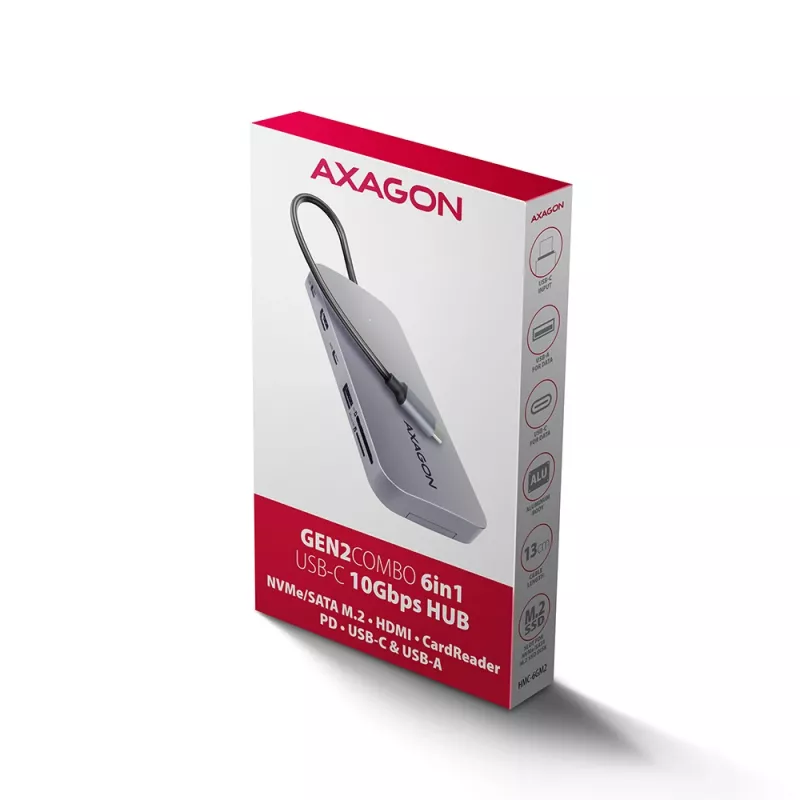 Axagon HMC-6GM2 USB 10Gbps hub USB-A USB-C HDMI M.2 SD/mSD PD 100W USB-C káblový USB 3.2 Gen 2 (3.1 Gen 2) Type-C sivý
