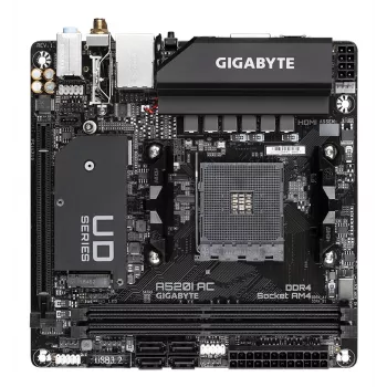 GIGABYTE A520I AC základná doska - podporuje AMD Ryzen 5000 Series AM4 CPU, 6 fáz digitálny VRM, až do 5300MHz DDR4 (OC), 1xPCIe 3.0 M.2, WLAN, GbE LAN, USB 3.2 Gen1