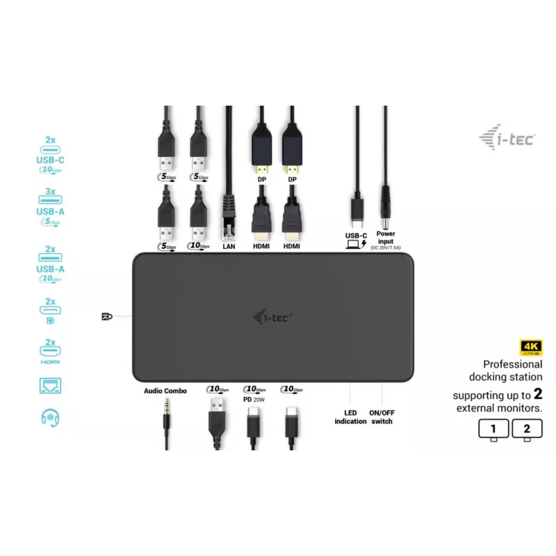 i-tec USB 3.0 / USB-C / Thunderbolt 3 Professional Dual 4K Display dokovacia stanica Generation 2 + Power Delivery 100W