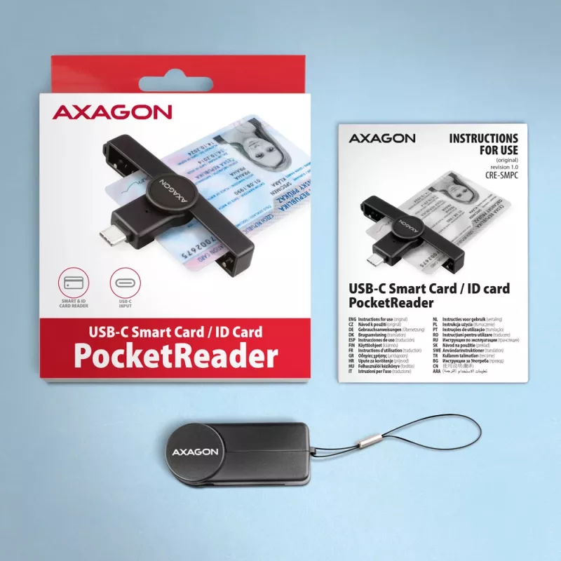 Axagon CRE-SMPC USB-C čítačka smart kariet a občianskych preukazov PocketReader čítačka smart kariet interiérová USB Type-C čierna