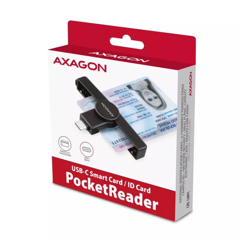 Axagon CRE-SMPC USB-C čítačka smart kariet a občianskych preukazov PocketReader čítačka smart kariet interiérová USB Type-C čierna