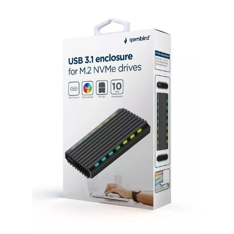 GEMBIRD EE2280-U3C-03 externý box na SSD M.2 NVMe/SATA, USB 3.1 Gen 2 (10 Gbit/s), USB Type-C, RGB, hliník