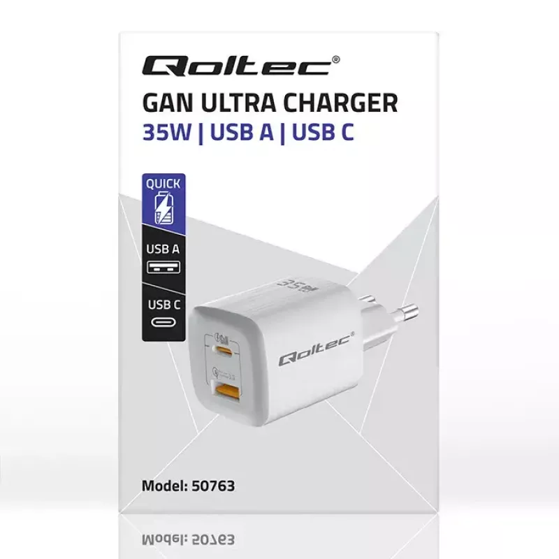 QOLTEC Nabíjačka 50763 — interiérová AC rýchla nabíjačka 35W, USB-C PD 3.0 + USB-A, 5–20V, biela