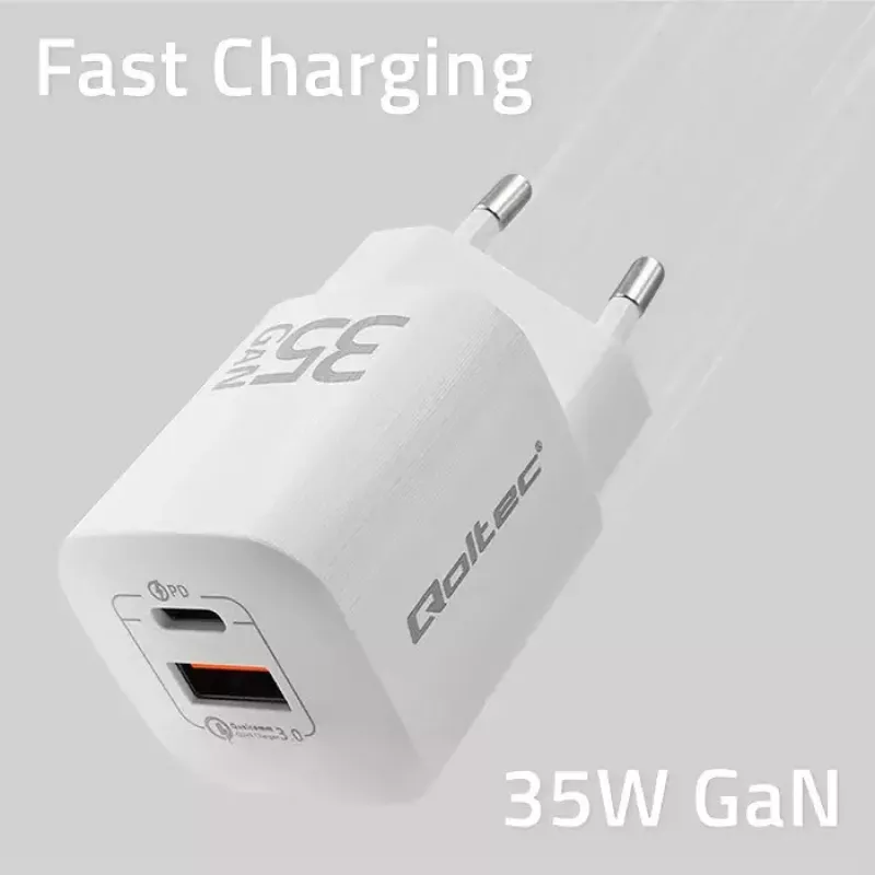 QOLTEC Nabíjačka 50763 — interiérová AC rýchla nabíjačka 35W, USB-C PD 3.0 + USB-A, 5–20V, biela