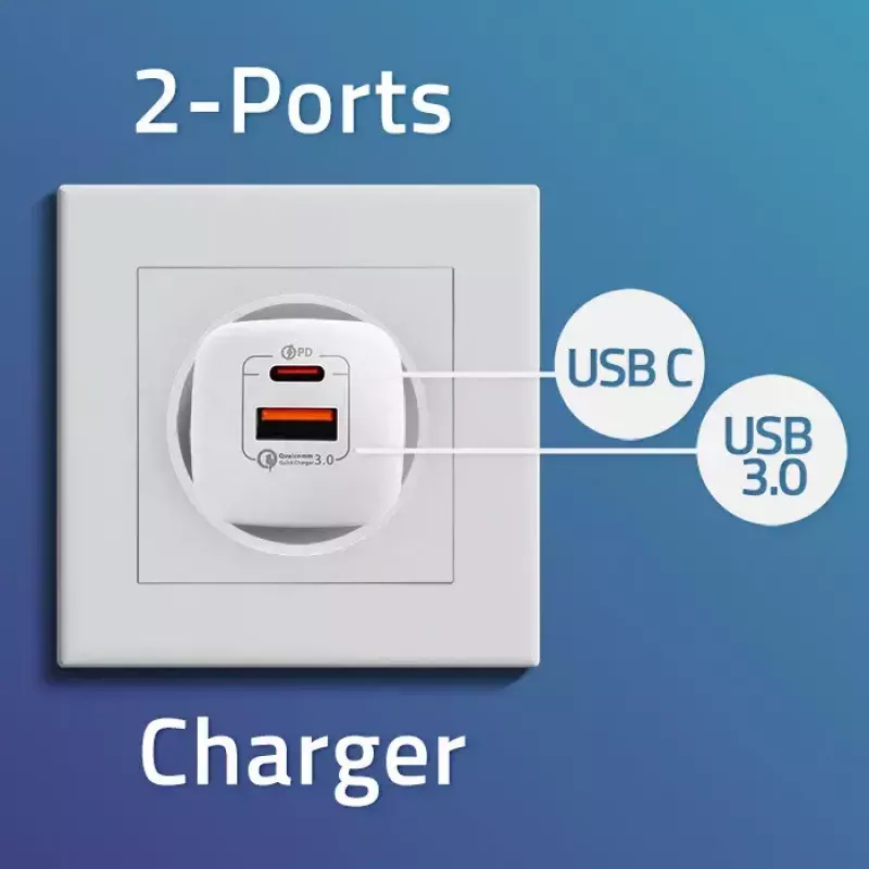 QOLTEC Nabíjačka 50763 — interiérová AC rýchla nabíjačka 35W, USB-C PD 3.0 + USB-A, 5–20V, biela