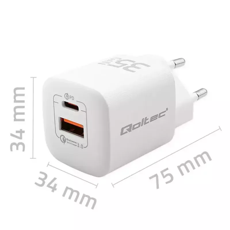 QOLTEC Nabíjačka 50763 — interiérová AC rýchla nabíjačka 35W, USB-C PD 3.0 + USB-A, 5–20V, biela