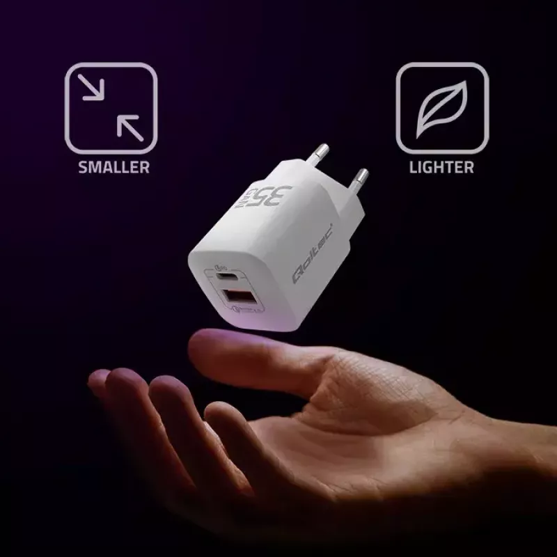 QOLTEC Nabíjačka 50763 — interiérová AC rýchla nabíjačka 35W, USB-C PD 3.0 + USB-A, 5–20V, biela
