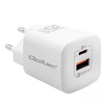 QOLTEC Nabíjačka 50763 — interiérová AC rýchla nabíjačka 35W, USB-C PD 3.0 + USB-A, 5–20V, biela