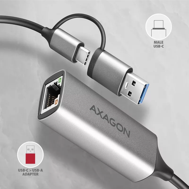 Axagon ADE-TXCA USB-C + USB-A 3.2 Gen 1 - Gigabit Ethernet adaptér, Asix AX88179