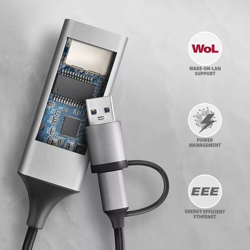 Axagon ADE-TXCA USB-C + USB-A 3.2 Gen 1 - Gigabit Ethernet adaptér, Asix AX88179