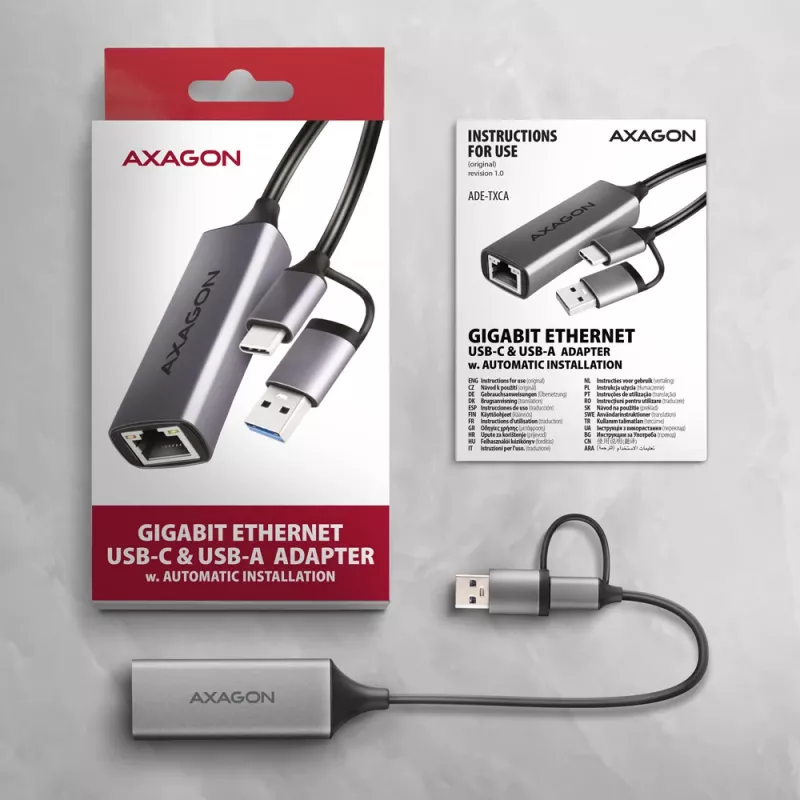 Axagon ADE-TXCA USB-C + USB-A 3.2 Gen 1 - Gigabit Ethernet adaptér, Asix AX88179