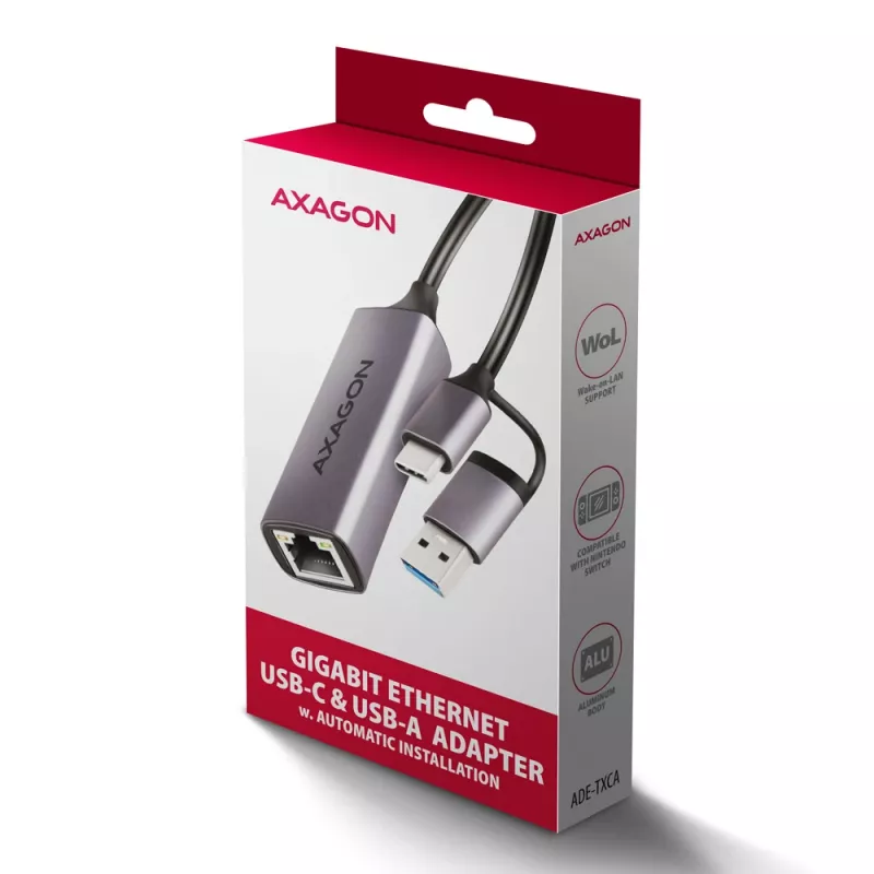 Axagon ADE-TXCA USB-C + USB-A 3.2 Gen 1 - Gigabit Ethernet adaptér, Asix AX88179