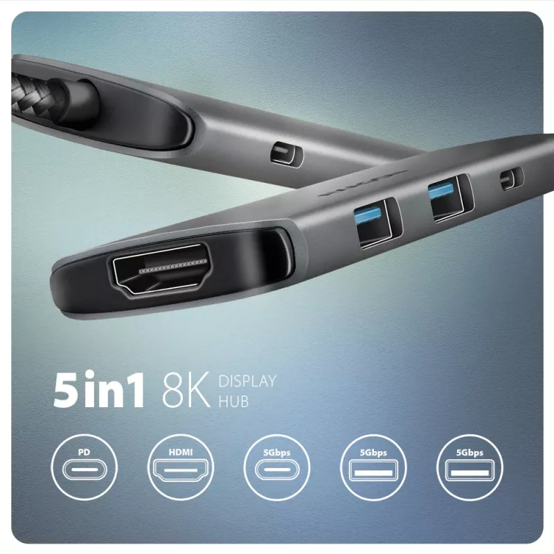 Axagon HMC-5H8K USB 5Gbps hub 2x USB-A USB-C HDMI 8k/30Hz PD 100W kábel USB-C káblový USB 3.2 Gen 1 (3.1 Gen 1) Type-C sivý