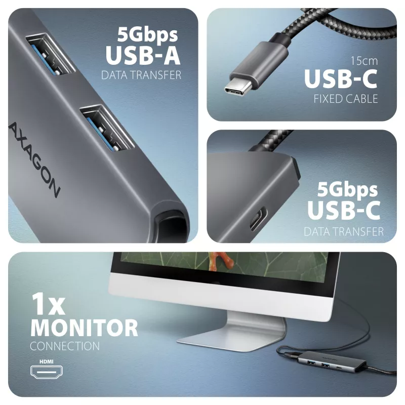 Axagon HMC-5H8K USB 5Gbps hub 2x USB-A USB-C HDMI 8k/30Hz PD 100W kábel USB-C káblový USB 3.2 Gen 1 (3.1 Gen 1) Type-C sivý