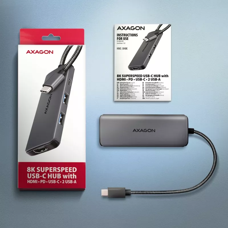 Axagon HMC-5H8K USB 5Gbps hub 2x USB-A USB-C HDMI 8k/30Hz PD 100W kábel USB-C káblový USB 3.2 Gen 1 (3.1 Gen 1) Type-C sivý