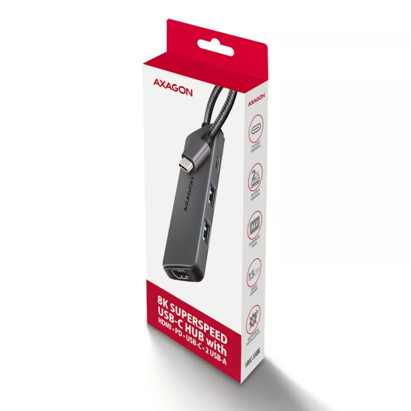 Axagon HMC-5H8K USB 5Gbps hub 2x USB-A USB-C HDMI 8k/30Hz PD 100W kábel USB-C káblový USB 3.2 Gen 1 (3.1 Gen 1) Type-C sivý