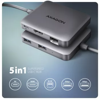 Axagon HMC-5HL USB 5Gbps hub, 2x USB-A, HDMI 4K/60Hz, RJ-45, PD 100W, 20cm USB-C kábel