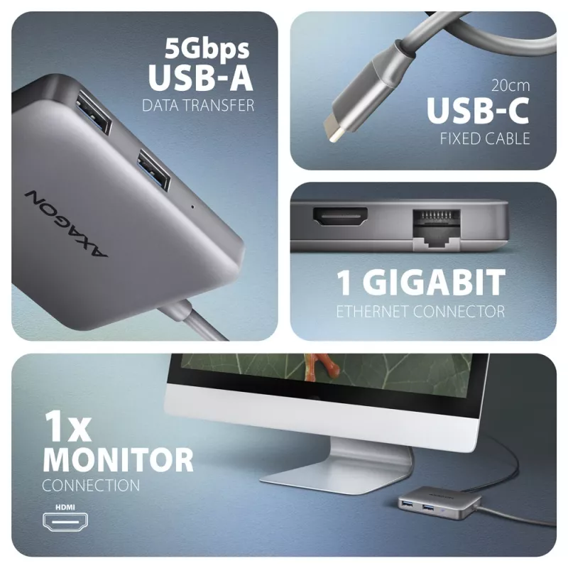 Axagon HMC-5HL USB 5Gbps hub, 2x USB-A, HDMI 4K/60Hz, RJ-45, PD 100W, 20cm USB-C kábel