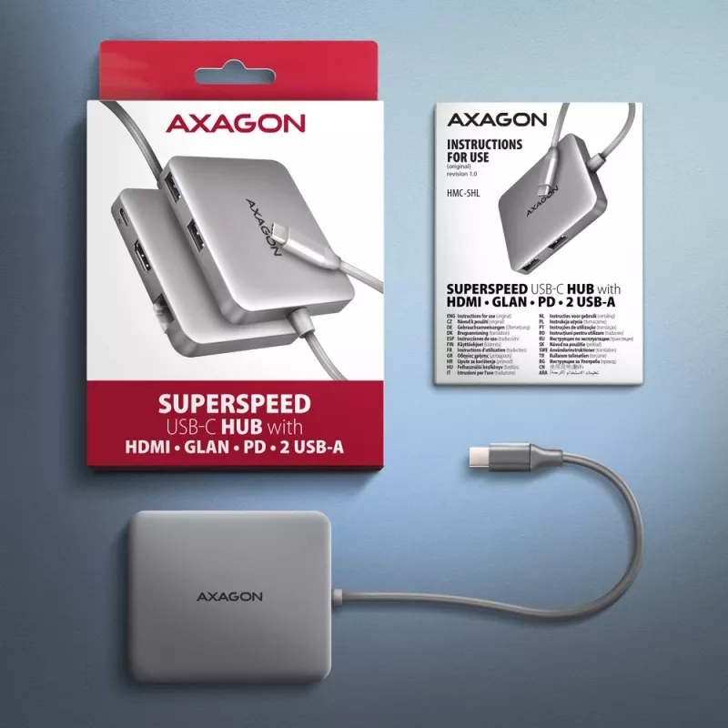 Axagon HMC-5HL USB 5Gbps hub, 2x USB-A, HDMI 4K/60Hz, RJ-45, PD 100W, 20cm USB-C kábel