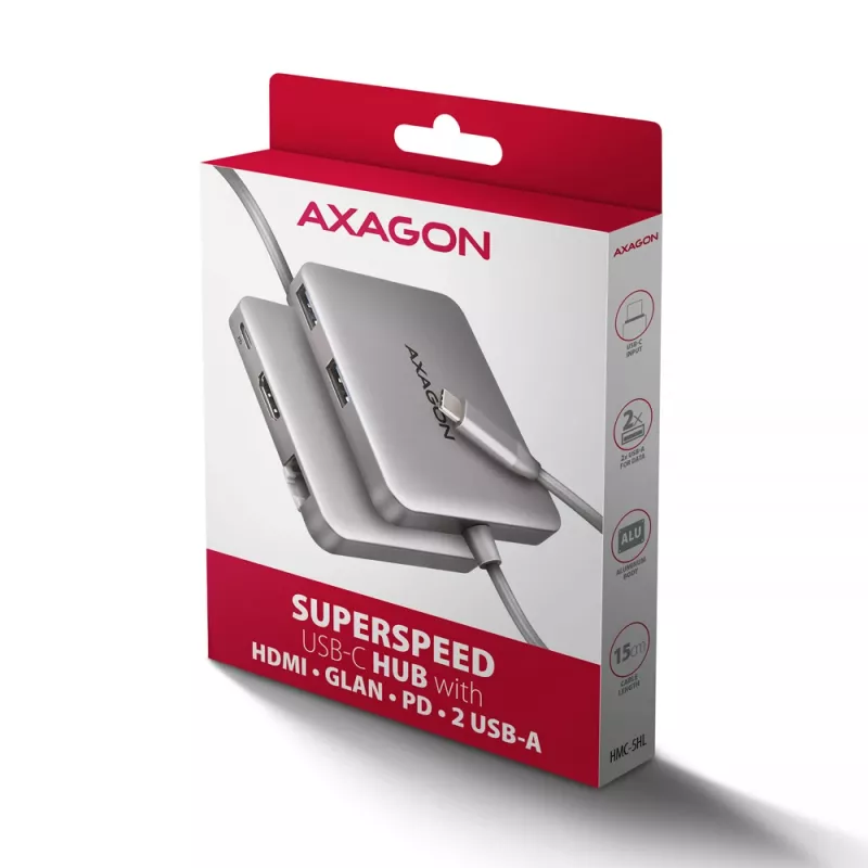 Axagon HMC-5HL USB 5Gbps hub, 2x USB-A, HDMI 4K/60Hz, RJ-45, PD 100W, 20cm USB-C kábel