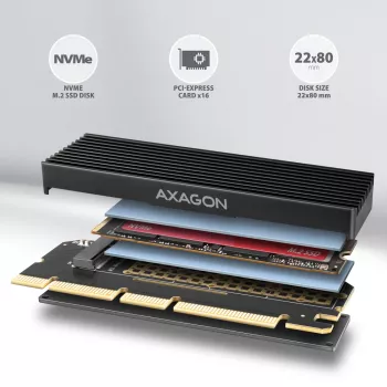 Axagon PCEM2-XS PCIe x16 - M.2 NVMe M-Key adaptér, s pasívnym hliníkovým chladičom