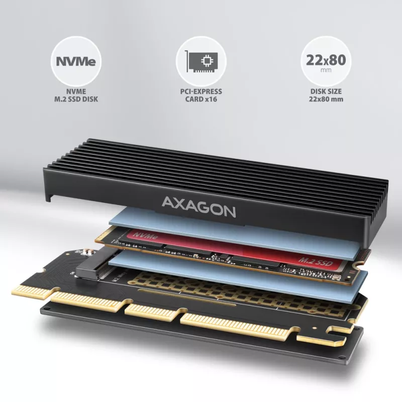 Axagon PCEM2-XS PCIe x16 - M.2 NVMe M-Key adaptér, s pasívnym hliníkovým chladičom