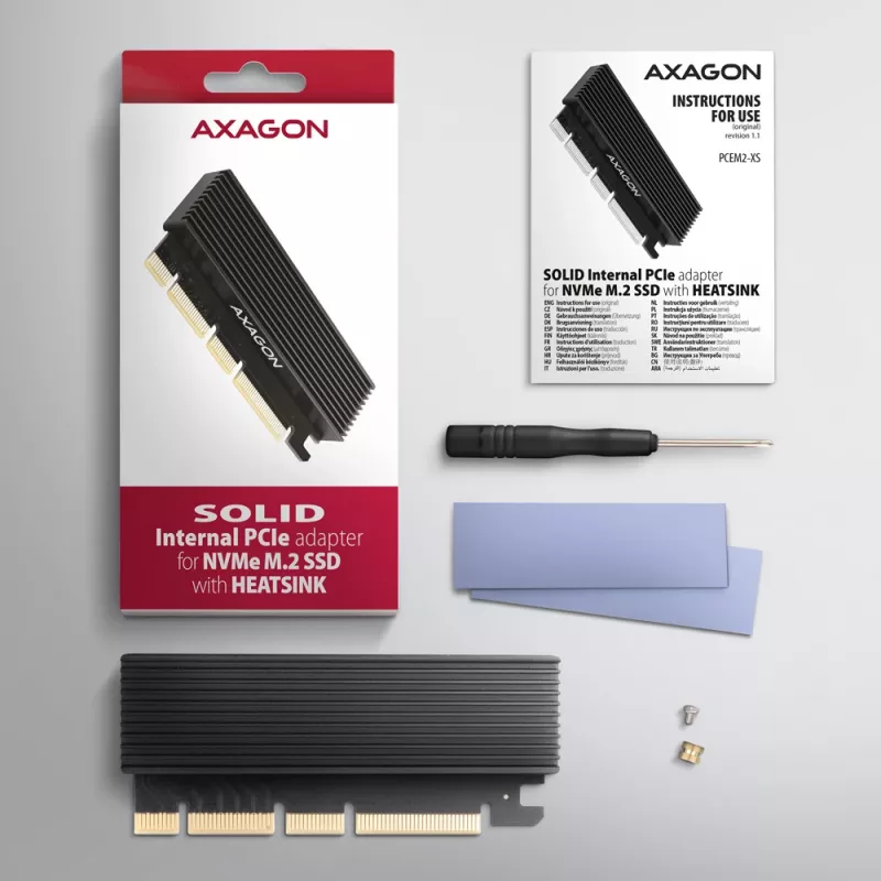 Axagon PCEM2-XS PCIe x16 - M.2 NVMe M-Key adaptér, s pasívnym hliníkovým chladičom