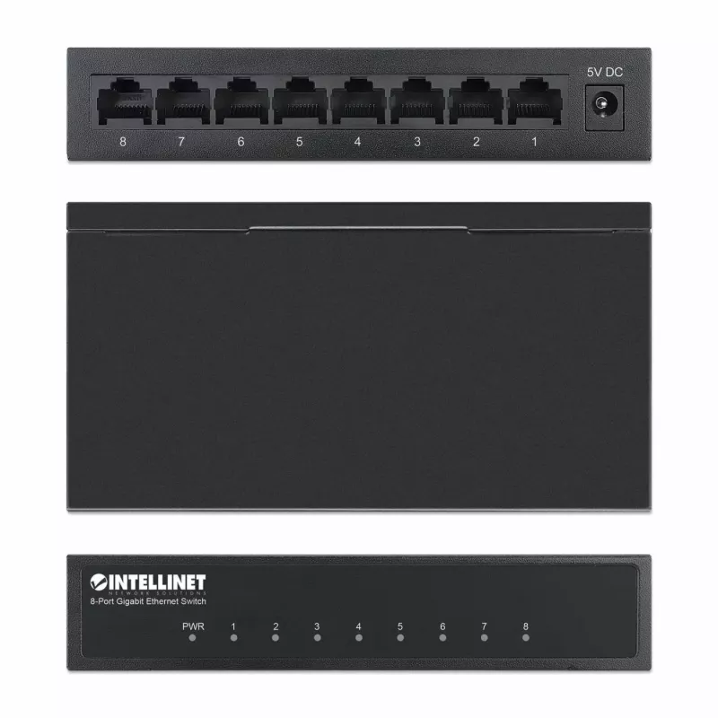 Intellinet 8-portový Gigabit Ethernet switch, veľkosť na stôl, kovové puzdro, IEEE 802.3az (Energy Efficient Ethernet)