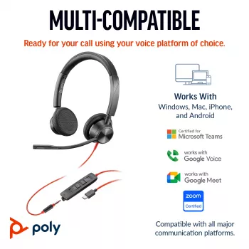 HP Poly Blackwire 3325 stereo Microsoft Teams Certified USB-C headset +3.5mm konektor +USB-C/A adaptér