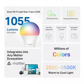 TP-Link Tapo Smart Light Bulb, Multicolor, Matter, smart žiarovka, Wi-Fi/Bluetooth, biela, 802.11b, 802.11g, Wi-Fi 4 (802.11n), WPA-PSK, WPA2-PSK, WPA3-SAE, LED