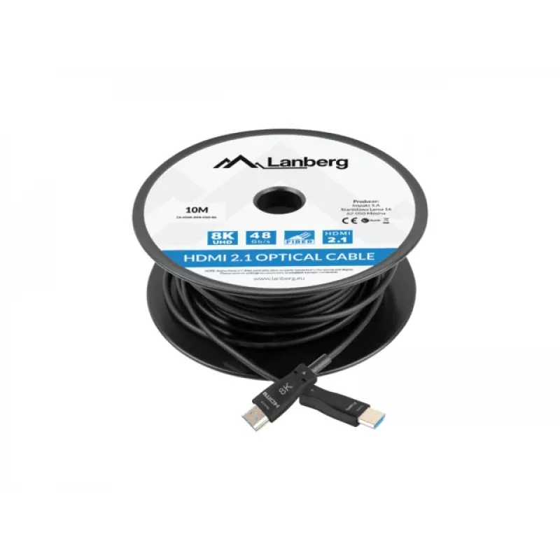 HDMI kábel LANBERG CA-HDMI-30FB-0100-BK 10 m, HDMI Type-A 2.1, 48 Gbit/s, 144 Hz, HDR, ARC, Ethernet