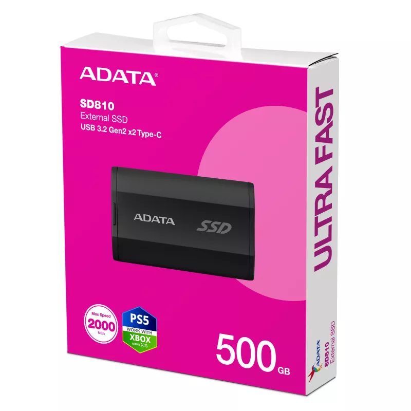 Prenosný SSD ADATA SD810 500 GB — USB Type-C, USB 3.2 Gen 2x2, 2000 MB/s, IP68, hliník, čierny