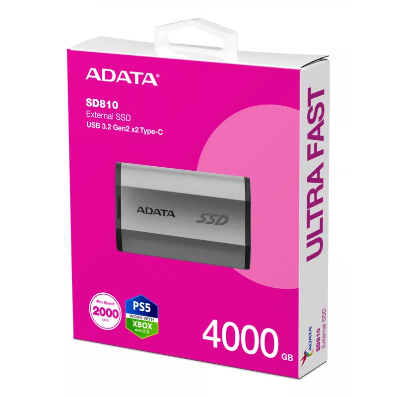 Prenosný SSD ADATA SD810 4 TB, USB Type-C, USB 3.2 Gen 2x2, 2000 MB/s čítanie/zápis, IP68 hliníkové puzdro