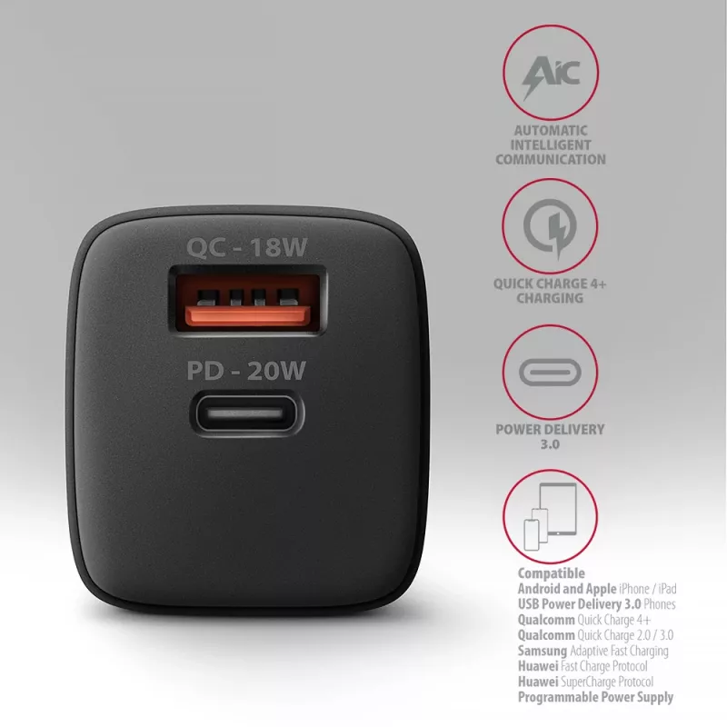 Nástenná nabíjačka Axagon ACU-PQ20 QC3.0 PD Type-C 20W čierna