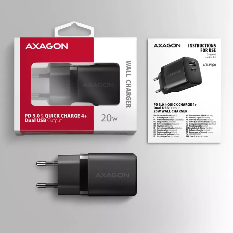Nástenná nabíjačka Axagon ACU-PQ20 QC3.0 PD Type-C 20W čierna