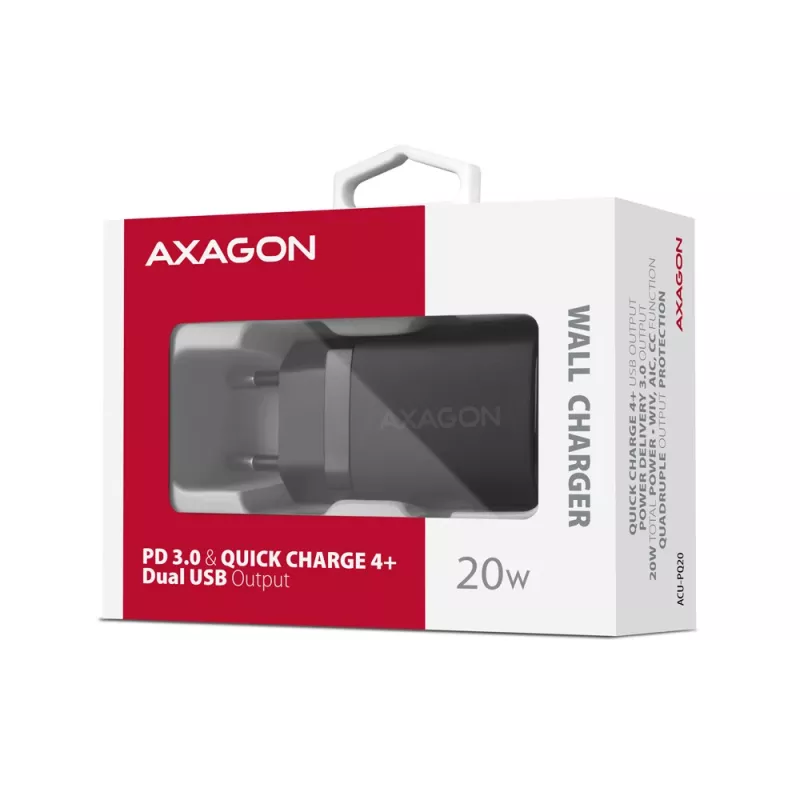 Nástenná nabíjačka Axagon ACU-PQ20 QC3.0 PD Type-C 20W čierna