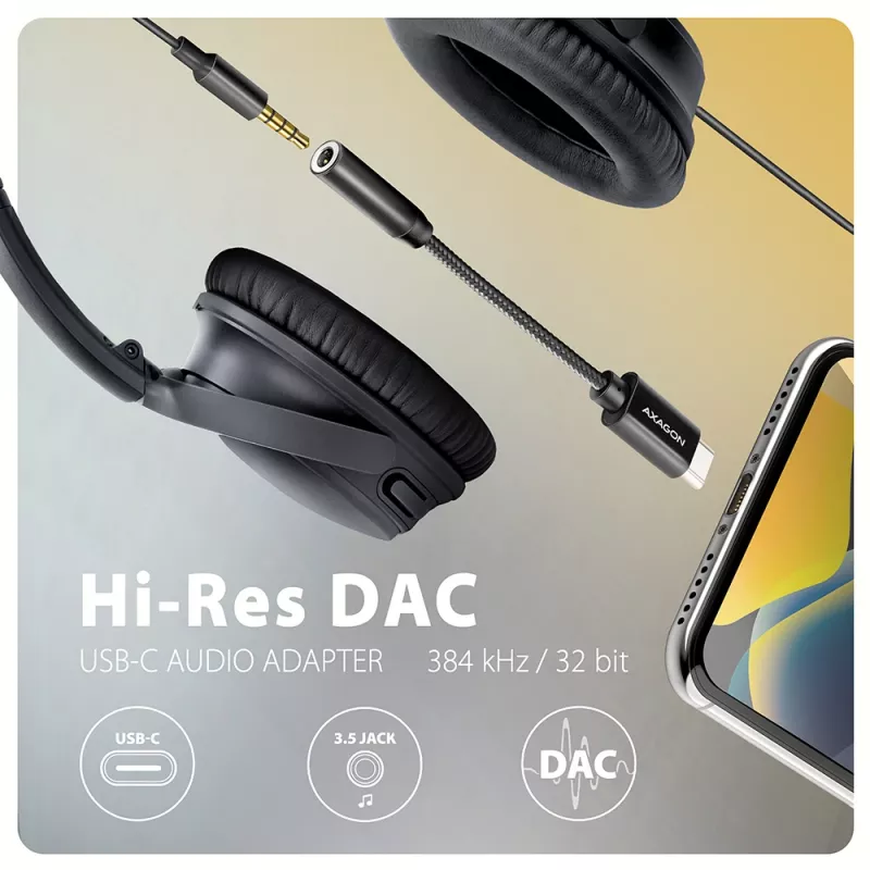Axagon ADA-HC USB-C na 3,5 mm jack – Hi-Res DAC audio adaptér, 384 kHz/32 Bit, stereo