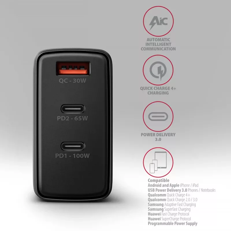 Axagon ACU-DPQ100 PD3.0 & QC 4+ THREE OUTPUTS nástenná nabíjačka 100W